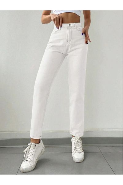 TugsatTasarTekstil Women's White Mom Jeans High Waist Boyfriend Lycra Jeans