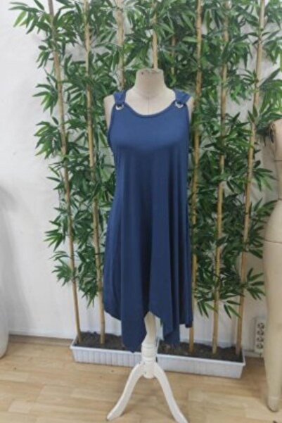 Mossta Asymmetrical Cut Viscose Dress with Bird Eye Detail - Navy Blue