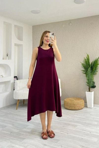 Mossta Sleeveless Asymmetrical Cut Viscose Dress - Burgundy