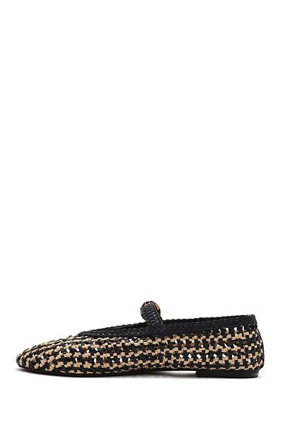 Derimod Women's Black Buckle Straw Leather Ballerinas 25Sfd5511M7