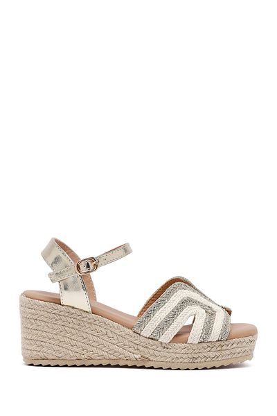 Derimod Women's Cream Ankle Buckle Wedge Heeled Espadrille Sandals 25Sfe401714