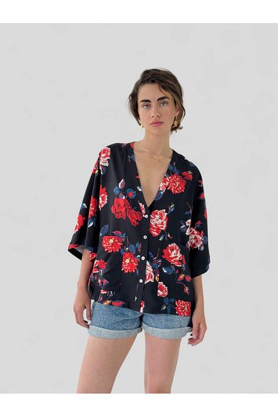 Retrobird Cămașă kimono cu decolteu în V de design pentru femei, neagră, florală