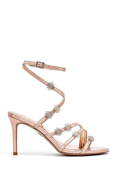 Derimod Women's Pink Ankle Buckle Stone Metallic Thin Heeled Sandals 25Sfe482032