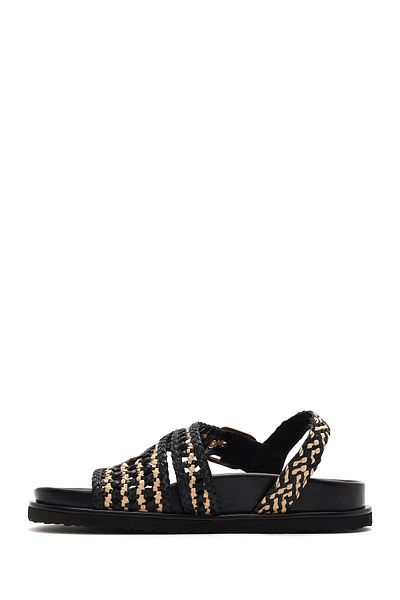 Derimod Women's Black Banded Straw Leather Sandals 25Sfd5507M7
