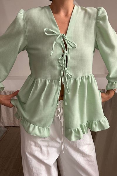 modaserdem Linen Bluz Front Tie Ruffle Detail - Green