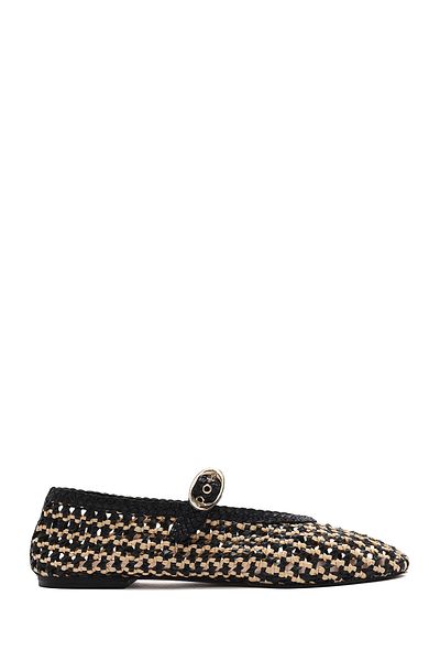 Derimod Women's Black Buckle Straw Leather Ballerinas 25Sfd5511M7