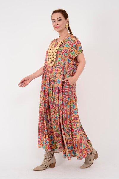 ZTO KADIN ETNİK DESEN RAHAT KESİM KISA KOLLU ELBİSE