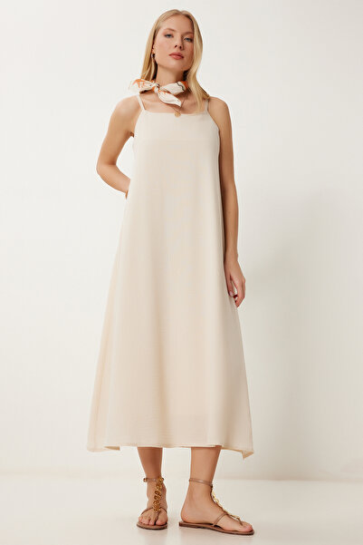 Lovelyİstanbul Φόρεμα λινό καμπάνα με λουράκια ΜΠΕΖ LRG0022