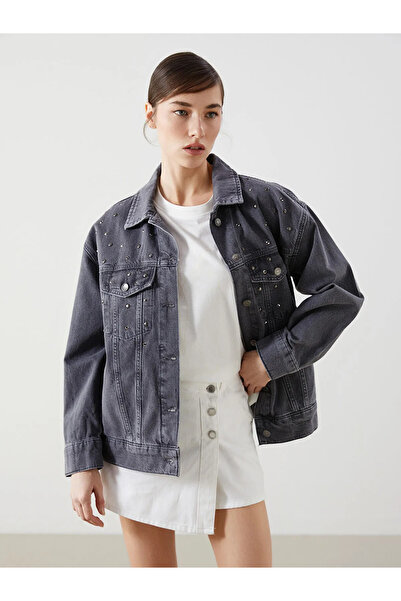 LC Waikiki Gray Shirt Collar Stone Oversized Women's Jean Jacket
