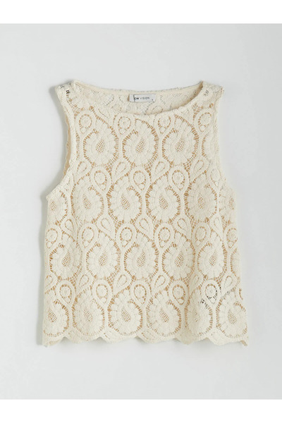 LC Waikiki White Crew Neck Lace Crochet Women's Tank Top