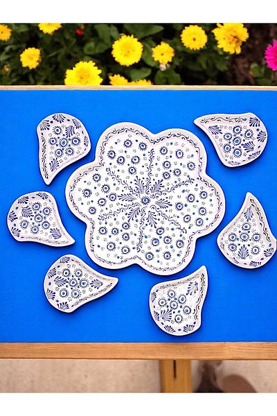 sharp&art Breakfast Set, Detailed Hand Embroidery, Embossed Evil Eye Bead Themed Ceramic 2 Different Breakfast Sets