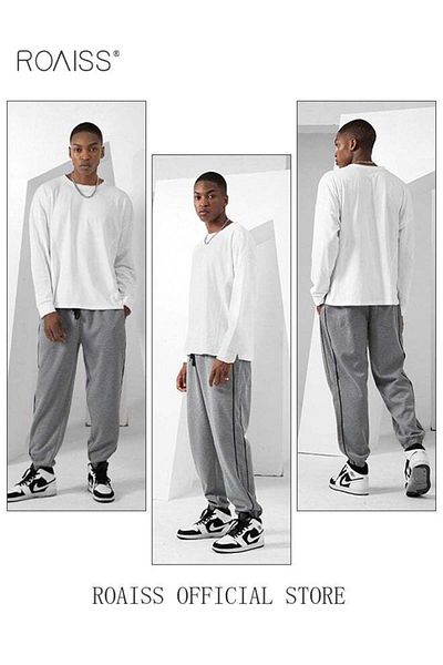 ROAISS Men's Casual Sports Trousers Slim Stitching Simple Solid Color Elastic Waistband Spring and Autumn