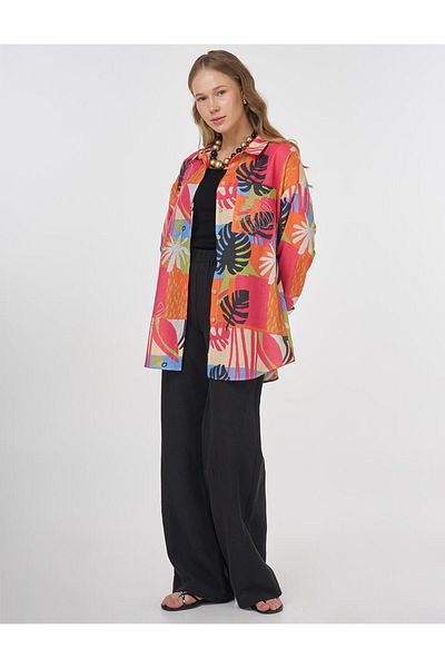Kayra Floral Patterned Shirt Collar Tunic Fuchsia