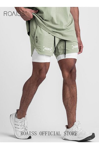 ROAISS Five-point Sports Shorts Fake Two-piece Quick Drying Double Layer Basketball Pants Anti-light Runnin