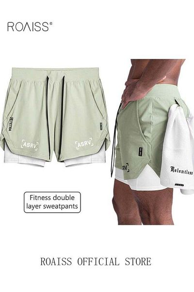 ROAISS Five-point Sports Shorts Fake Two-piece Quick Drying Double Layer Basketball Pants Anti-light Runnin