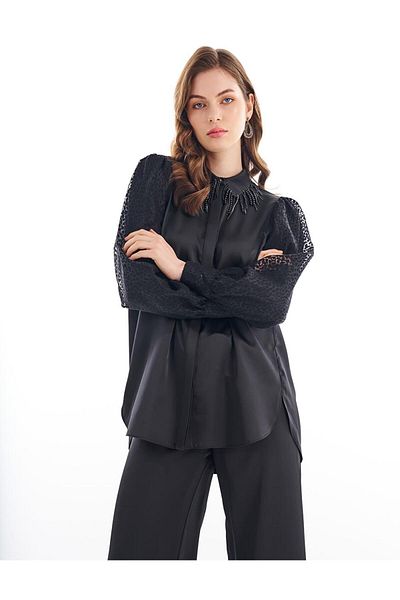 Kayra Μπλούζα με μπαλόνι μανίκι με κέντημα με χάντρες μαύρο