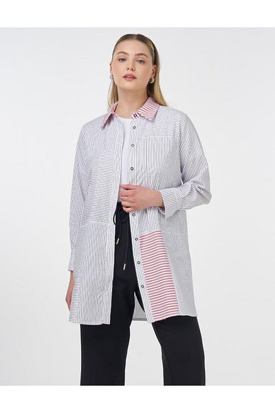 Kayra Line Pattern Shirt Collar Tunic Black
