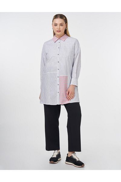 Kayra Line Pattern Shirt Collar Tunic Black