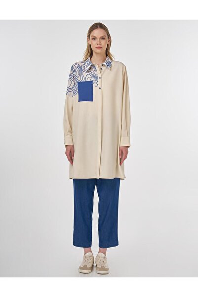 Kayra Baskı Detaylı Gömlek Yaka Tunik Krem