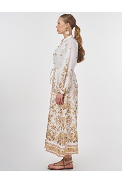 Kayra Floral Desen Hakim Yaka Elbise Ekru