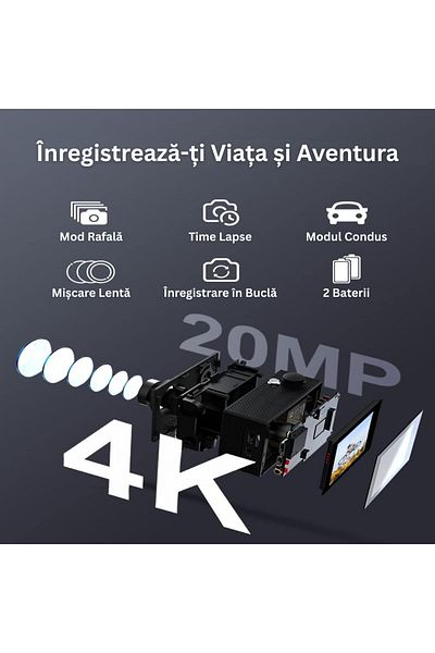 Velixo WiFi Sports Camera M80, 4K30FPS, 20MP, 2" LCD, 170° Adjustable, 40M Waterproof, Remote, 2 Batteries