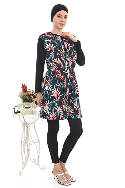 EB beachwear Tropical Leaf Water Repellent Parachute Fabric Turtleneck Swimsuit