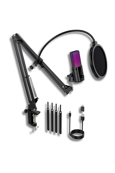 Velixo M160 Usb Professional Microphone, Cardioid, Noise Reduction, Mute, Rgb, Pop Filter, Adjustable Arm