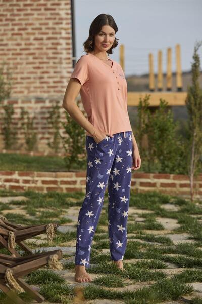 MONAMİSE Starfish Patterned and Printed Button Front "Listen the Song of the Sea" Pajama Set