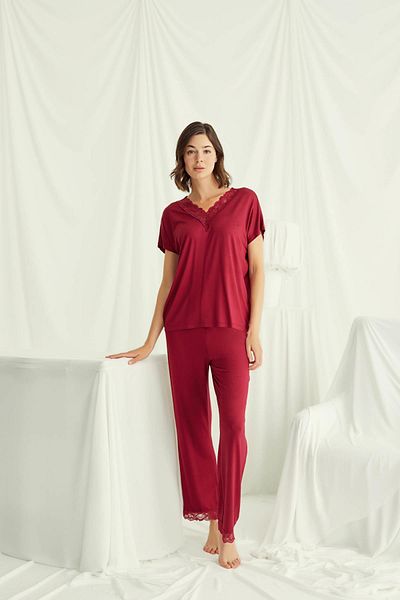 MONAMİSE Short Sleeve V-Neck Lace Pajama Set