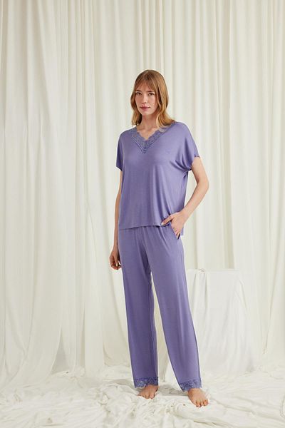 MONAMİSE Short Sleeve V-Neck Lace Pajama Set