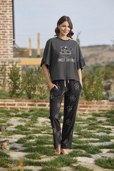 MONAMİSE Set de pijamale „Sweet Dreams” cu model și imprimeu de linie și pisică