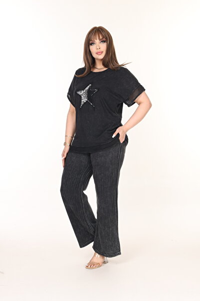 MODA pamuk içerikli file detaylı yıldız aplikeli üst Tshirt