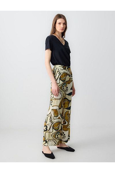 Jimmy Key Stone 100% Linen Relaxed Cut High Waist Loose Wide Leg Patterned Trousers