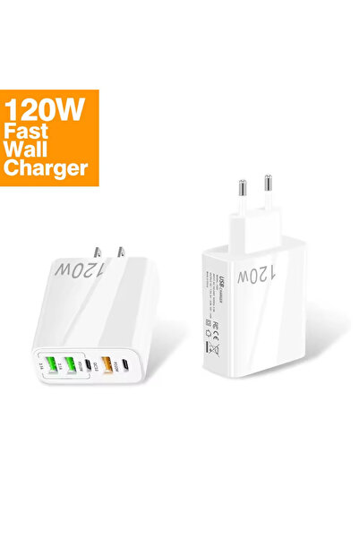 ABYZ Încărcător de rețea cu 5 porturi 120W Q3.0, încărcare rapidă, 3 porturi USB, 2 porturi Type-C, pentru telefon, laptop, tabletă, alb