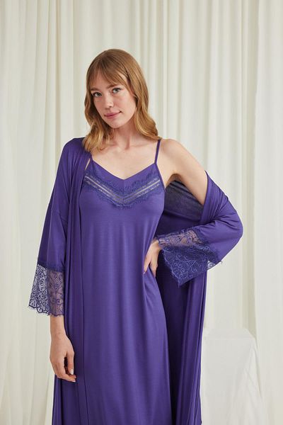 MONAMİSE Low-Cut Collar and Sleeve Lace Dressing Gown Set