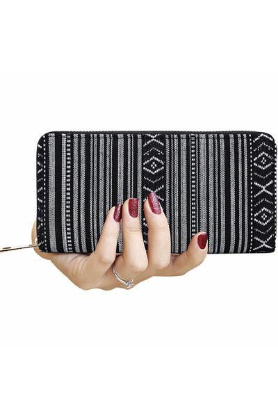 PUFO Portofel textil dublu pentru femei, Pufo Black Lines, cu fermoar, 20 x 12 cm, negru