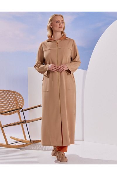 Kayra Milky Brown Colored Waist Gathered Zippered Top Coat