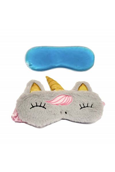 PUFO Mască de dormit sau de călătorie, cu gel detașabil, Pufo Unicorn, 20 cm, gri