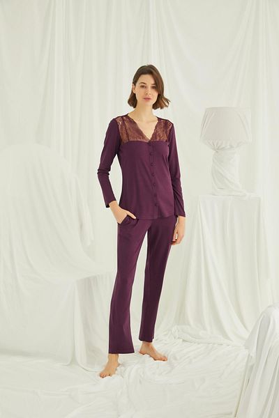 MONAMİSE Costum de pijama de damă din dantelă bordeaux Monaco - cu nasturi până la umăr 19230