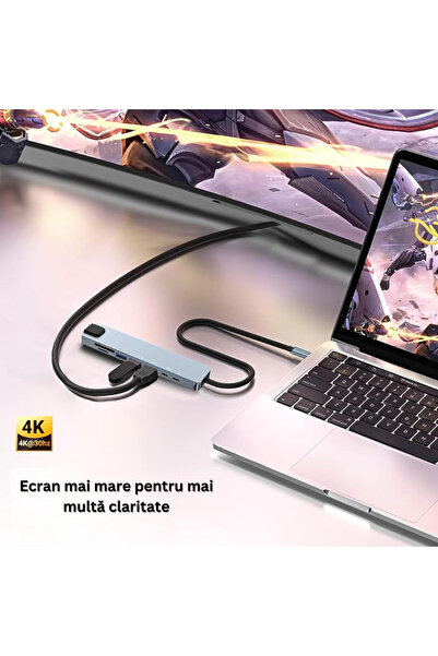 Velixo Adaptor multiport USB-C 8 în 1, 1 x Ethernet, 1 x USB 3.0, 1 x HDMI 4K, 30 Hz