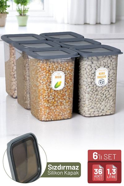İronika 6-Piece Leakproof Silicone Lid 1300 ml Square Food Storage Container Anthracite