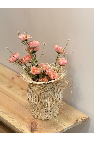 Maison Avf Set of 2 Rattan Handmade Vase & Pink Poppy