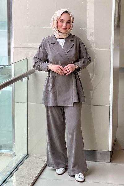 Mahal Casual Double Breasted Lapel Waist Tied Pocket Jacket Pants Set