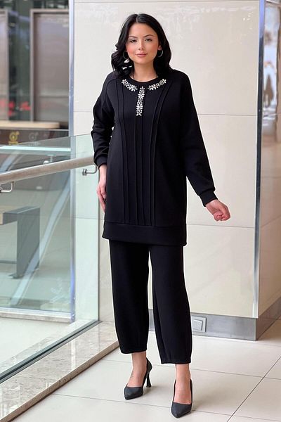 FUAT GÜRSEN Fuat Gürşen Ribbed Tunic Trousers Set with Stones on the Collar