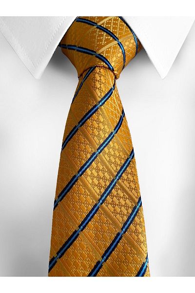 Dor Lion Striped Yellow Tie and Handkerchief - 7 cm