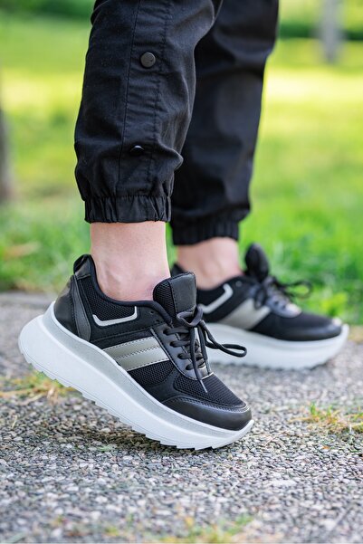 BİKAJOO Kadın Siyah Beyaz Hafif Simli Günlük Ortopedik Sneaker BKJ0936
