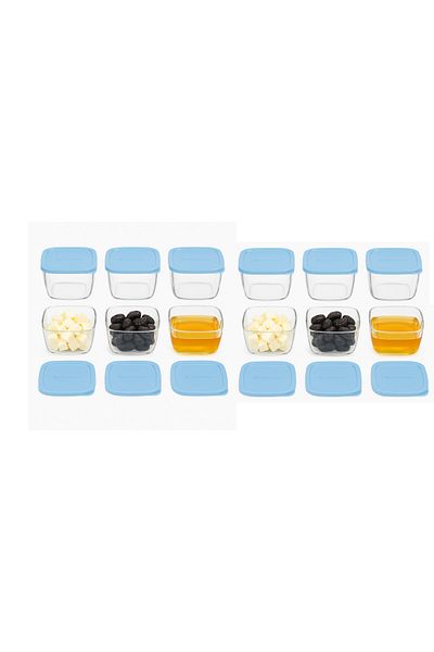 AYBABA STORE Set of 12 Glass Storage Containers 275 ml – Blue Lid, Breakfast and Food Storage Container