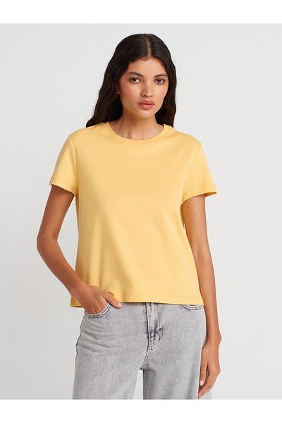 Dilvin 31757 Crew Neck Stitching Detailed T-Shirt-Yellow