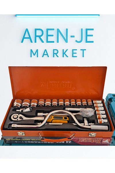 aren je Aren-Je Aiwan Power Tools 24 Piece Socket Set – 1/2” Ratcheting Sleeve & with Orange Metal Bag