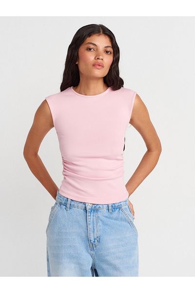 Dilvin 21054 Shirred Basic T-Shirt-Powder Pink